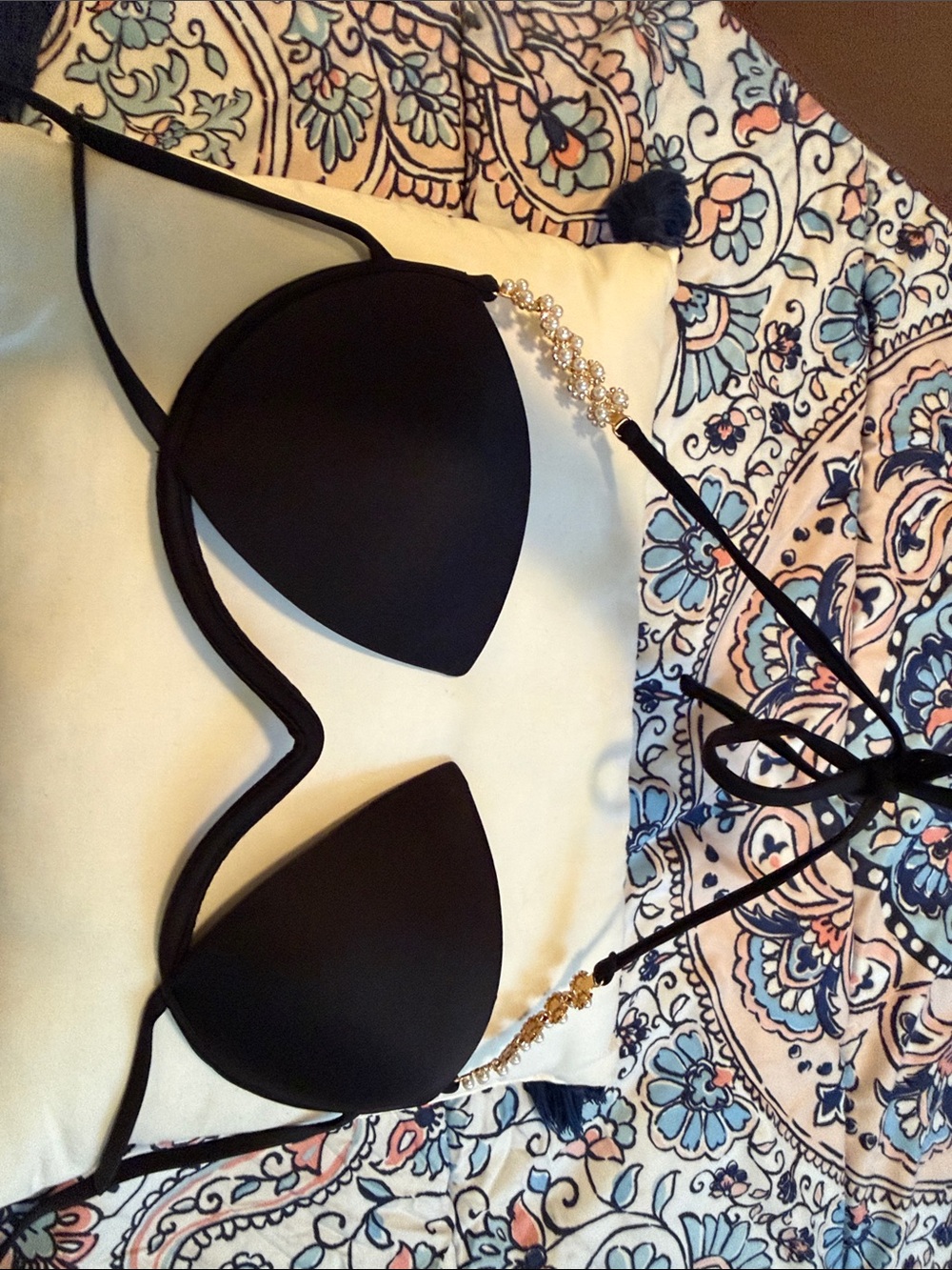 SHEIN Black Triangle Bikini Top with Gold Bead Accents